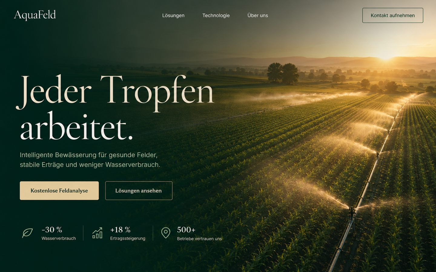 Bewässertes Feld im warmen Abendlicht
