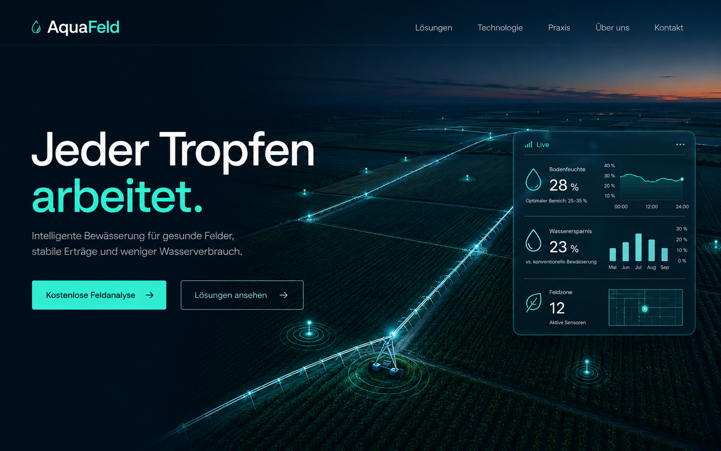 Digitale Darstellung einer intelligent gesteuerten landwirtschaftlichen Bewässerung